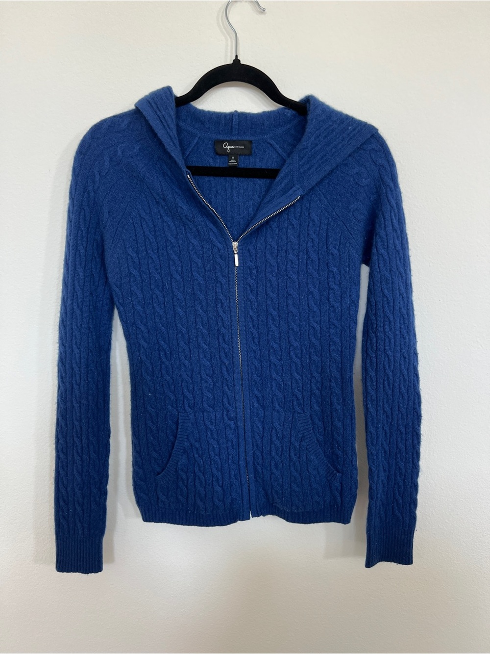 Aqua Cashmere Cable Knit Zip Front Hoodie Sweater Blue Size Small